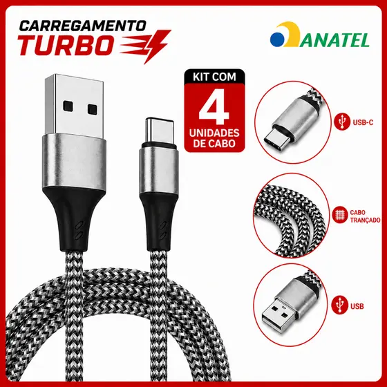 Kit 4 Cabos Carregador Tipo C 6A 120W Turbo 2 Metros Reforçado Premium Original