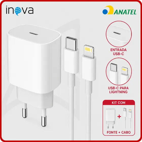 Carregador Inova Original Rápido 20W Tipo C Com Cabo USB-C Lightning Compatível iPhone