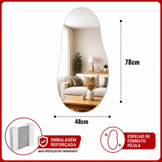 Espelho Oval Premium Decorativo 48 x 78 cm Pílula Banheiro Quarto Sala Grande Moderno