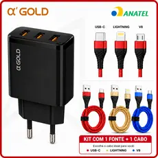 Carregador Celular Fonte USB 3 Entradas Com Cabo Carregador 2 Metros iPhone Android V8 Tipo C