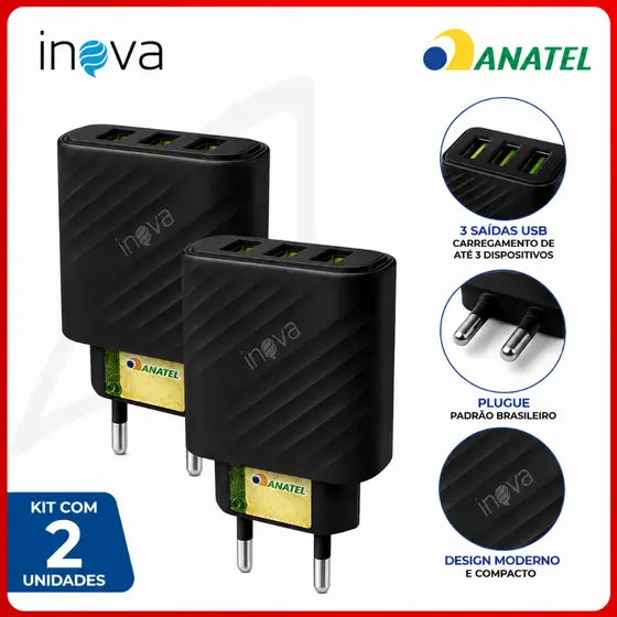 Kit com 2 Carregadores Celular 3 Entradas Fonte USB Rápido 5.1A Original A'Gold