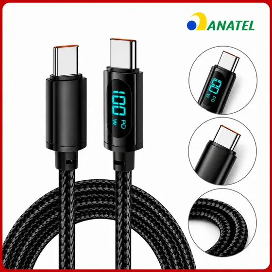 Cabo Tipo C USB-C 100W Identificador de Bateria Rápido Eletromex