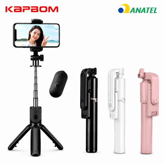 Tripé Bastão de Selfie Branco Preto Rosa Bluetooth 3 em 1 com Luz LED Controle Remoto Universal