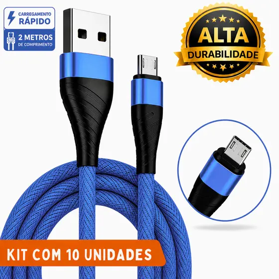 Kit 10 Cabos Carregador 2 Metros Carga Rápida Micro-usb V8