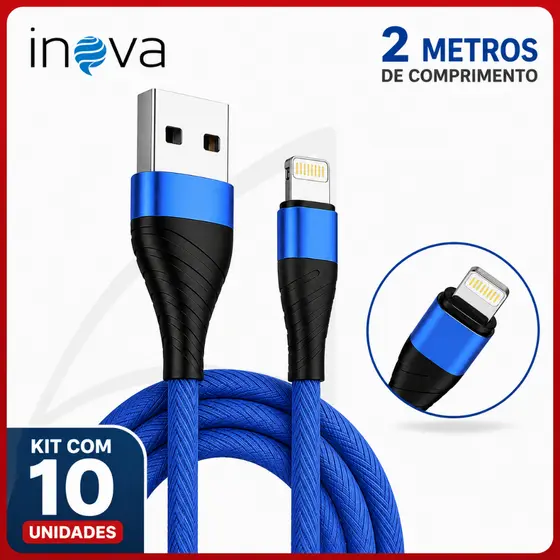 Kit 10 Cabos Carregador Rápido 3.4a Nylon 2 Metros iPhone Inova Original