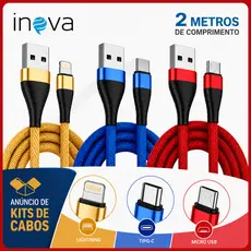 Kit Cabos Inova 2 Metros Tipo C V8 Lightning iPhone Carga Rápida