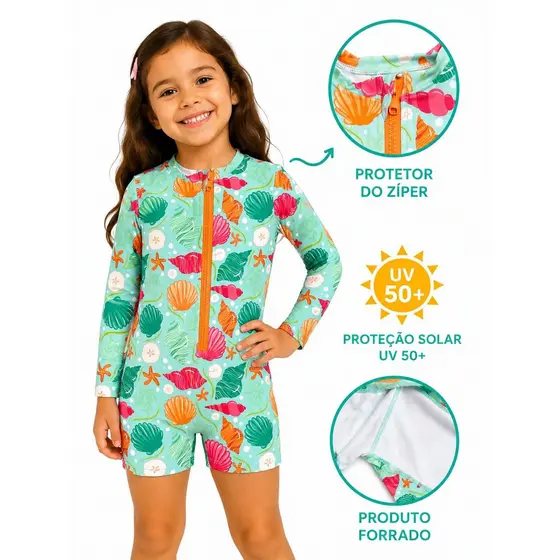 Macacão Banho Infantil Feminino Proteção Solar UV 50+ Estampado com Zíper