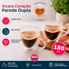 Conjunto Xicaras Coração Parede Dupla de Vidro 180 ml para Café Chá Suco Xicara Dupla