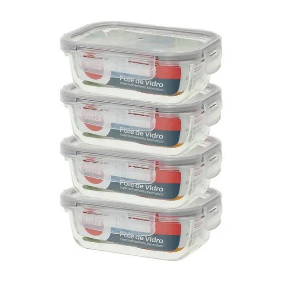 Pote Hermético De Vidro 395ml -marmita -micro-ondas -kit C/4 Peças - Dolce Home