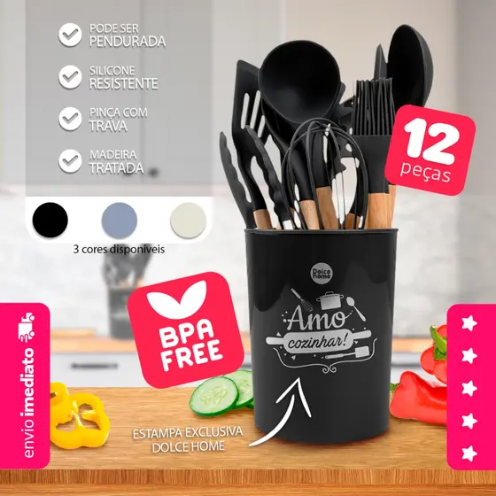 Jogo 12 Peças Utensílios Silicone Cabo Madeira Fouet Pegador - Dolce Home