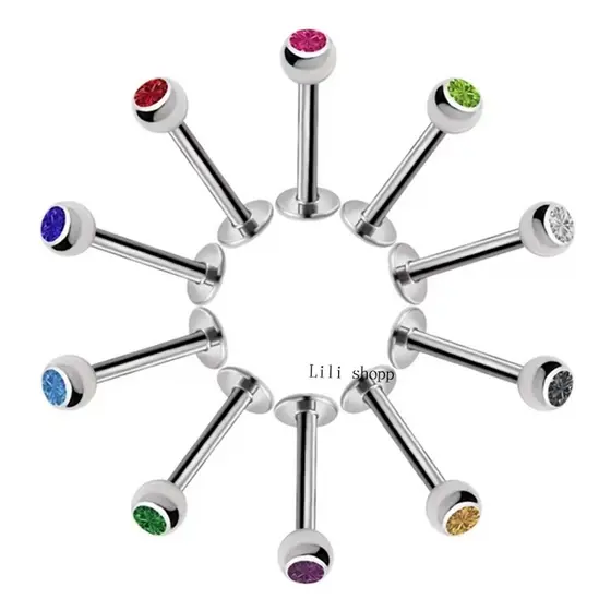 Kit 12 Piercing Labret Queixo Bolinha strass Aço Prata colorido