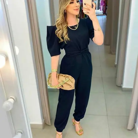 Macacão Feminino Longo Duna Manga Princesa Com Cinto Elegante