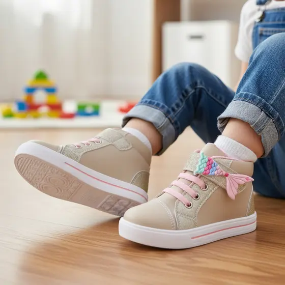 Tênis Infantil Feminino Sereia Glitter Cano Alto com Velcro Fashion Confortável e Antiderrapante