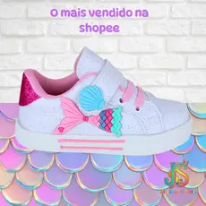 Tênis Infantil Menina Sereia Branco com Brilho Confortável Macio Leve para o Dia Dia