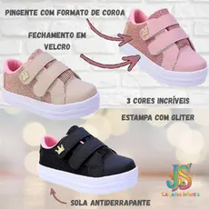 Tênis Infantil Menina Gliter Coroa Velcro Duplo