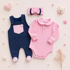 Macacão Body Bebê Menina Roupa Infantil Manga Longa com Jardineira Chiquinha 3 peças