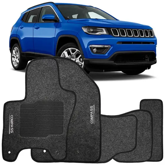 Tapete Carpete Jeep Compass 2016 à 2025 Grafite Logo Bordado Jogo 5 Peças Automotivo Soft