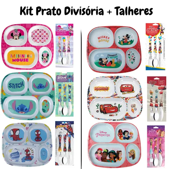 Kit Prato  Divisória + Talheres Infantil Personagens  Disney BPA Free Disney Homem Aranha Princesas Carros