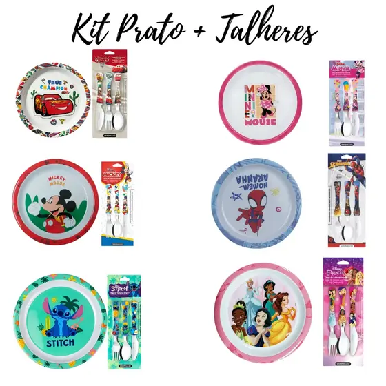 Kit Prato + Talheres Infantil Personagens  Disney BPA Free Disney Homem Aranha Princesas Carros