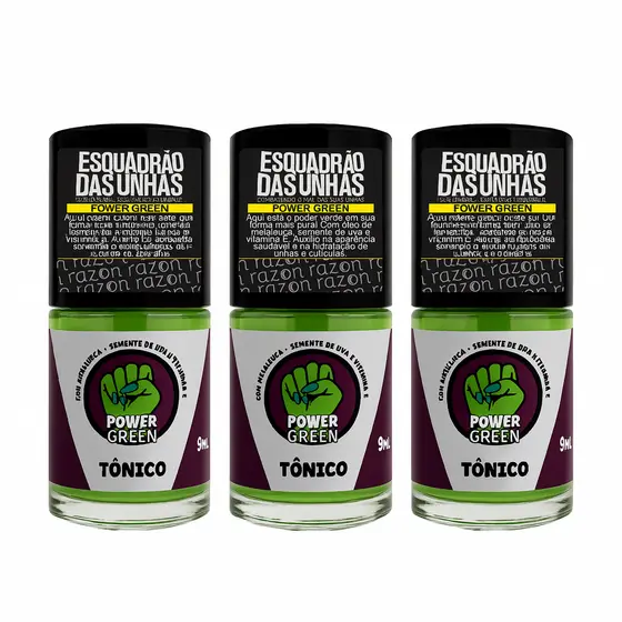 Kit 3 Tônico Hidratante para Unha e Cutícula Power Green 9ml com Semente de Uva Esquadrão das Unha - Razon Cosmeticos