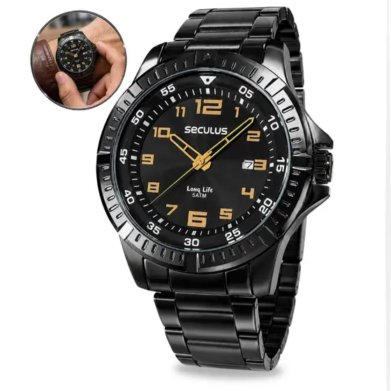 Relógio Seculus Masculino Preto Analógico Aço Inoxidável Moderno Elegante Prova D'água 50 metros Original