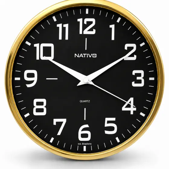 Relógio Parede Moderno Dourado Fundo Preto Sala Cozinha Nativo 23cm