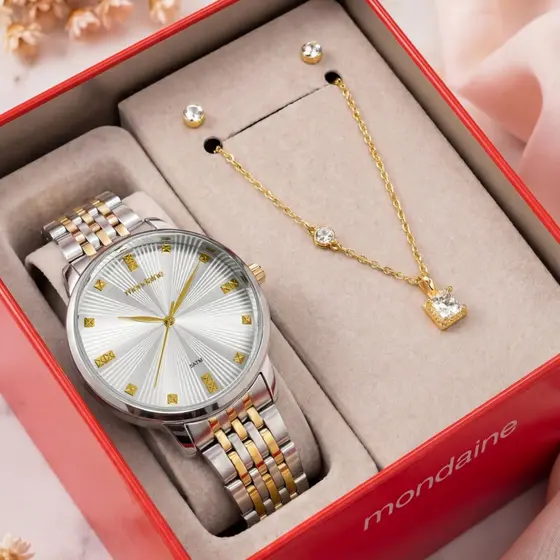 Kit Relógio Mondaine Com Par Brincos e Colar Analógico Bicolor Quartz Prova D'água Original