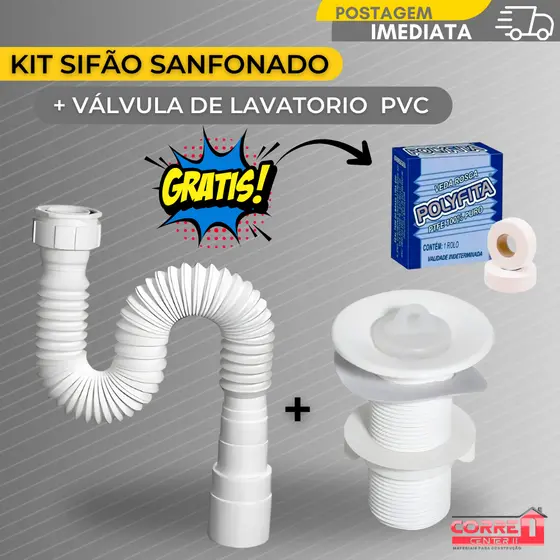 Kit Sifão Sanfonado Ajustável Flexível + Válvula Pia Lavatorio Banheiro Tanque Cozinha PVC Sifão Pia Cozinha Banheiro