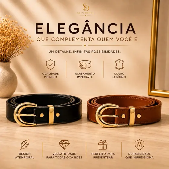 Cinto Feminino Couro Premium Elegante Fivela Dourada Casual Social Luxo