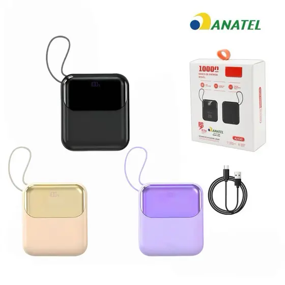 Mini Power Bank 10000mAh Portátil Compacto Display Digital Tipo C Lightning Carregamento