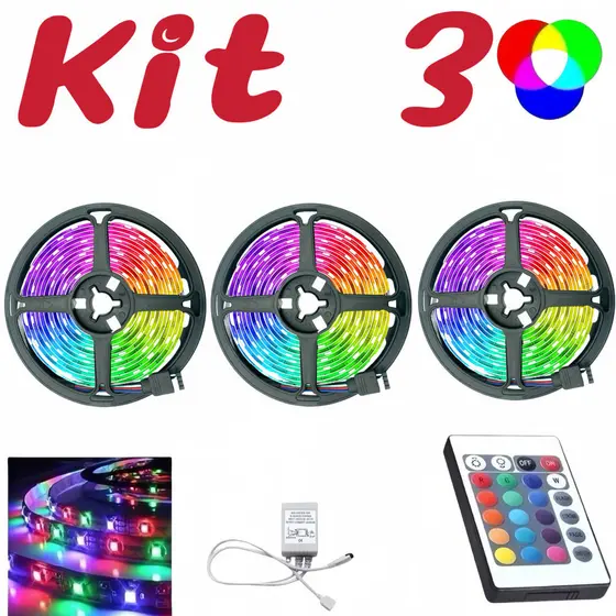 Kit 3 Fita Led Rgb 3528 Rolo 5m Com Controle Economica jorge