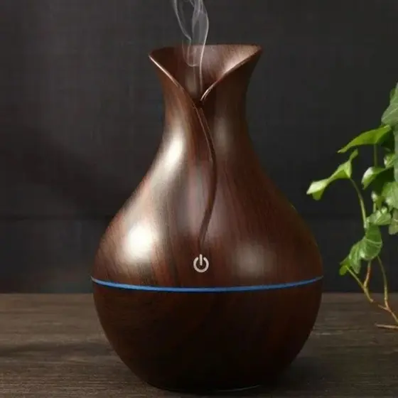 Umidificador Design de Vaso Aromatizador Silencioso textura de Madeira Recarregável com LED JORGE