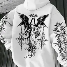 Moletom Canguru Feminino Estampado Anjo Gótico Cruz Espinhos Dark Aesthetic Tumblr Manga