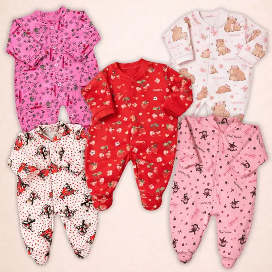 Kit 4 Peças Macacão Bebe Suedine Bichos 100% Algodão Menina