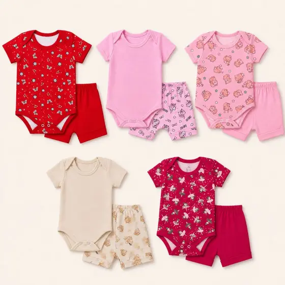 Kit 10 Pçs Body E Shorts Bebe Estampado Malha 100% Algodão Menina