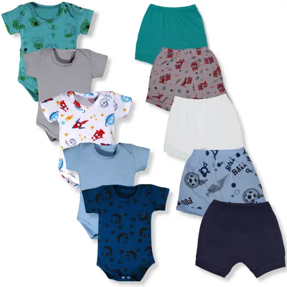 Kit 10 Pçs Body E Shorts Bebe Estampado Malha 100% Algodão Menino