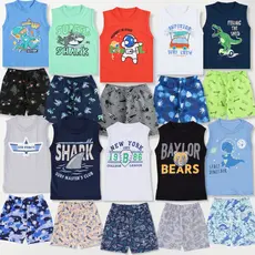 Kit 10 Peças Roupa Infantil Verão Menino - 5 Conjunto Regata Calor Moletinho Criança e Bebe Masculino 5 Camiseta 5 Short