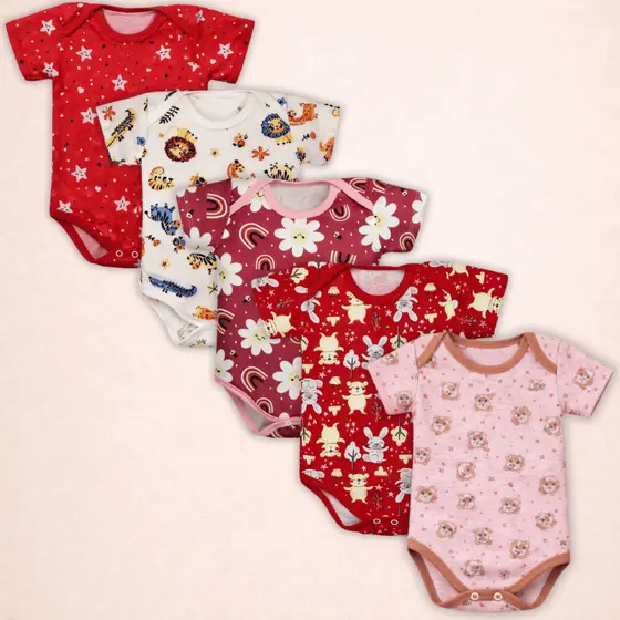 Kit 5 Peças Body Bebe M/curta Estampado 100% Algodão Menina