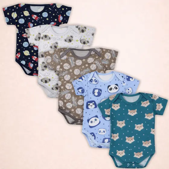 Kit 5 Peças Body Bebe M/curta Estampado 100% Algodão Menino