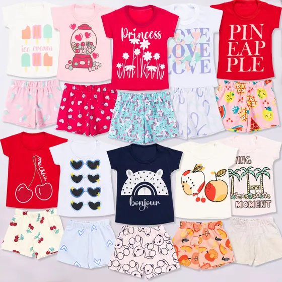 Kit 10 Peças Roupa Infantil Verão Menina - 5 Conjunto Calor Moletinho Criança e Bebe Feminino 5 Camiseta 5 Short