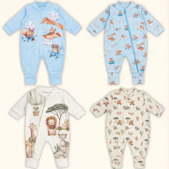 Kit 4 Macacão Bebe Estampado Digital Suedine Canelado Algodão Penteado Macio Zíper Menino Menina Neutro