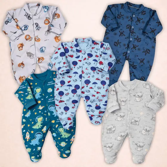 Kit 4 Peças Macacão Bebe Suedine Bichos 100% Algodão Menino