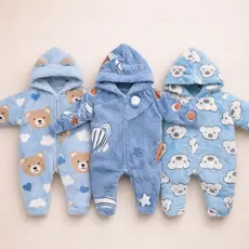 Kit 3 Peças Macacão Bebe Inverno Microfibra Com Capuz Menino