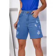 Bermuda Feminina Jeans Cintura Alta Rasgo Barra Corte Fio Estilosa