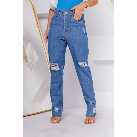 Calça Feminina Mom Jeans Premium Rasgada Tendência Moda Blogueira