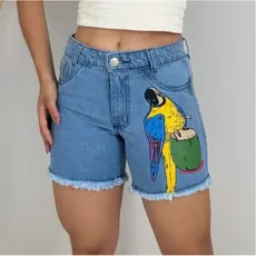 Short Jeans Feminino Desenho Arara Cintura Alta Estampa Casual Conforto