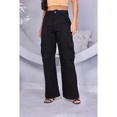 Calça Feminina Preta Cargo Wide Leg Jeans Casual Tendência Conforto
