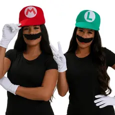Kit Mario e Luigi Adulto com Boné Bigode e Luvas 