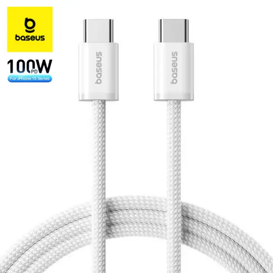 Cabo Baseus 100W Tipo C Turbo PD Carregamento Rápido Iphone 15 16 17 Pro Max Branco