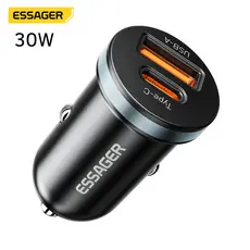 Carregador Veicular Essager Cinzeiro Carro Turbo 30W 54W Duas Entradas USB-A e Tipo-C Rápido